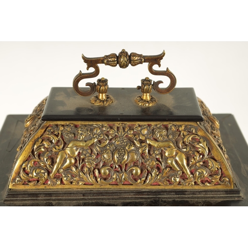 1009 - A 17TH CENTURY STYLE CONTINENTAL EBONY VENEERED AND GILT BRASS MOUNTED BASKET TOP BRACKET CLOCK the ... 