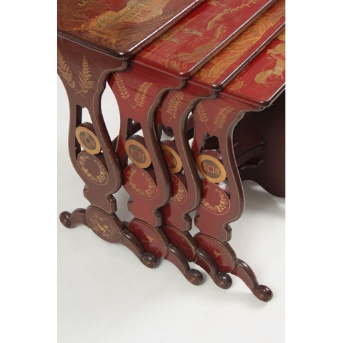 102 - A SET OF 19TH CENTURY SCARLET LACQUER CHINOISERIE DECORATED NEST OF TABLES comprising four graduated... 