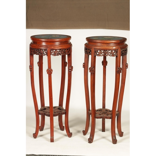 103 - A PAIR OF LATE 19TH/EARLY 20TH CENTURY HARDWOOD CHINESE JARDINIERE STANDS WITH CLOISONN ENAMEL TOPS... 