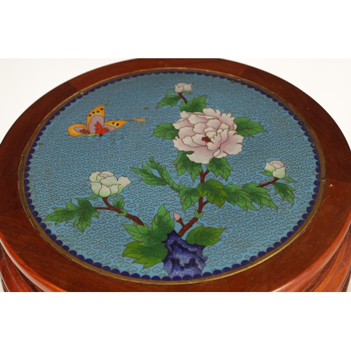 103 - A PAIR OF LATE 19TH/EARLY 20TH CENTURY HARDWOOD CHINESE JARDINIERE STANDS WITH CLOISONN ENAMEL TOPS... 