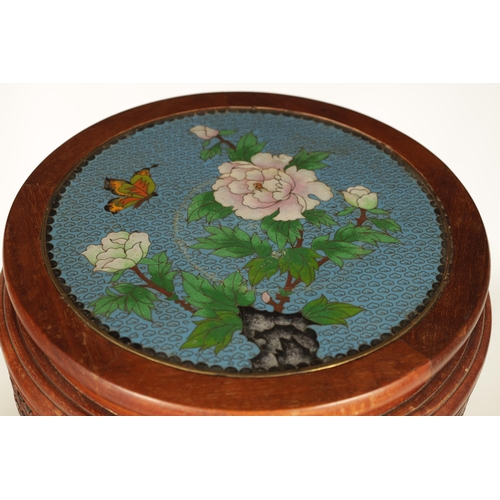 103 - A PAIR OF LATE 19TH/EARLY 20TH CENTURY HARDWOOD CHINESE JARDINIERE STANDS WITH CLOISONN ENAMEL TOPS... 