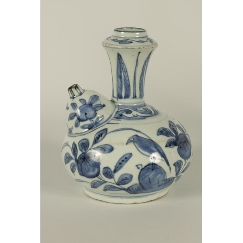 104 - A EARLY MING DYNASTY BLUE AND WHITE KENDI with bird and leafing flower spray decoration. (18cm high ... 