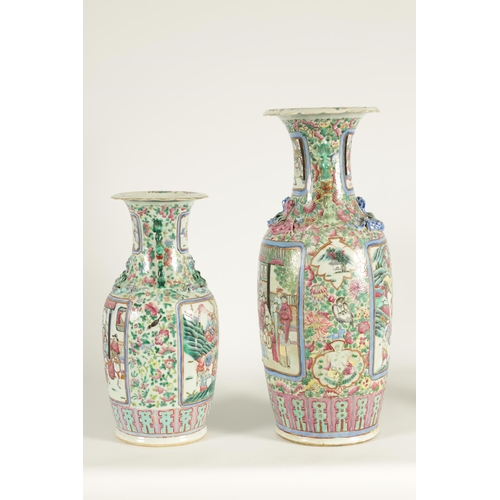 107 - TWO LATE 19TH CENTURY CHINESE FAMILLE ROSE PORCELAIN VASES of baluster form with scenic panels among... 