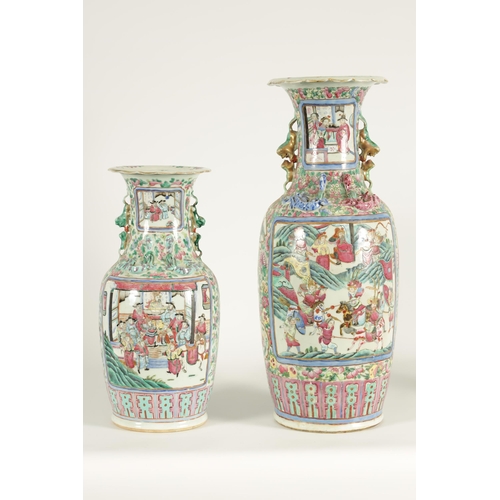 107 - TWO LATE 19TH CENTURY CHINESE FAMILLE ROSE PORCELAIN VASES of baluster form with scenic panels among... 