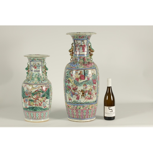 107 - TWO LATE 19TH CENTURY CHINESE FAMILLE ROSE PORCELAIN VASES of baluster form with scenic panels among... 