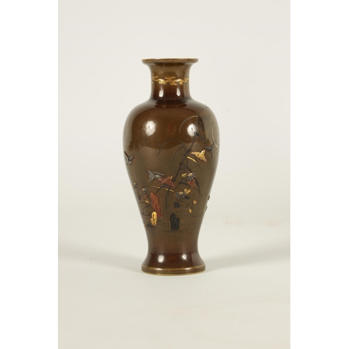 109 - A FINE JAPANESE MEIJI PERIOD BRONZE AND MIXED METAL SHOULDERED VASE with slender flared neck above t... 