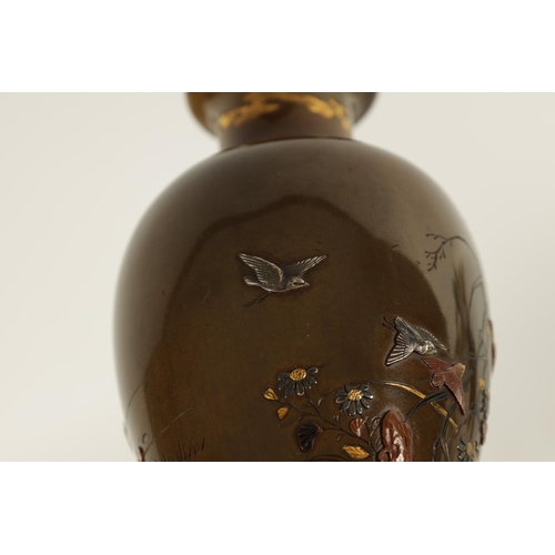 109 - A FINE JAPANESE MEIJI PERIOD BRONZE AND MIXED METAL SHOULDERED VASE with slender flared neck above t... 