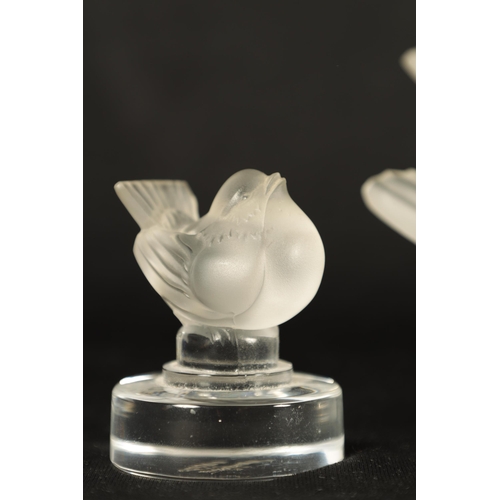 11 - A COLLECTION OF FOUR LALIQUE FRANCE FROSTED GLASS SCULPTURES comprising of a Swallow, Swan Wren and ... 