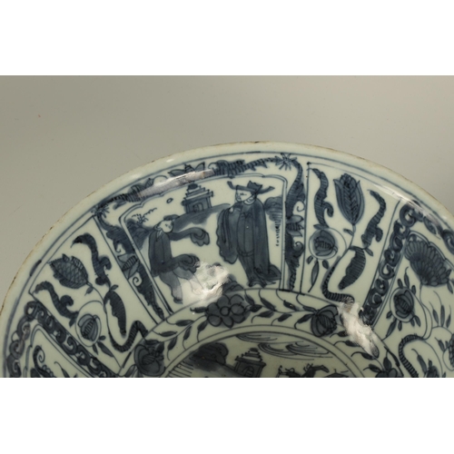 114 - TWO 18TH CENTURY CHINESE BLUE AND WHITE PORCELAIN BOWLS depicting panelled figures and landscape sce... 