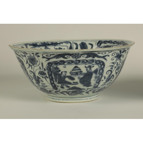 114 - TWO 18TH CENTURY CHINESE BLUE AND WHITE PORCELAIN BOWLS depicting panelled figures and landscape sce... 