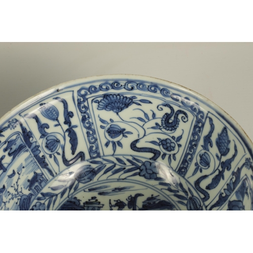 114 - TWO 18TH CENTURY CHINESE BLUE AND WHITE PORCELAIN BOWLS depicting panelled figures and landscape sce... 