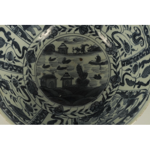 114 - TWO 18TH CENTURY CHINESE BLUE AND WHITE PORCELAIN BOWLS depicting panelled figures and landscape sce... 