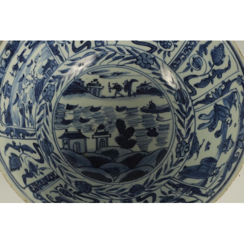 114 - TWO 18TH CENTURY CHINESE BLUE AND WHITE PORCELAIN BOWLS depicting panelled figures and landscape sce... 