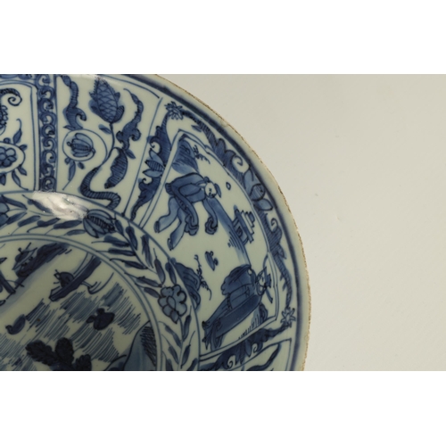 114 - TWO 18TH CENTURY CHINESE BLUE AND WHITE PORCELAIN BOWLS depicting panelled figures and landscape sce... 