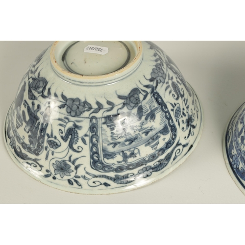 114 - TWO 18TH CENTURY CHINESE BLUE AND WHITE PORCELAIN BOWLS depicting panelled figures and landscape sce... 