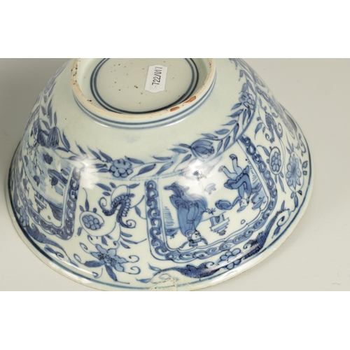 114 - TWO 18TH CENTURY CHINESE BLUE AND WHITE PORCELAIN BOWLS depicting panelled figures and landscape sce... 