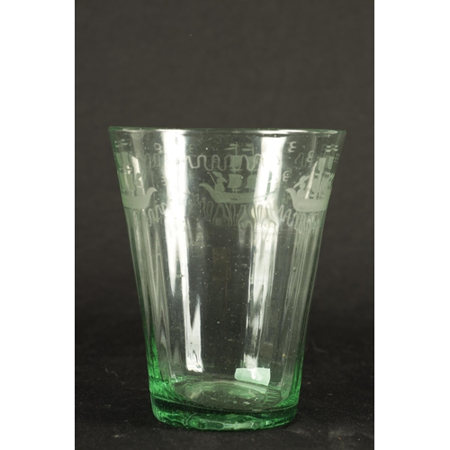 12 - AN 18TH CENTURY ETCHED GREEN GLASS NAVAL VASE the tapering fluted body decorated with etched ships (... 