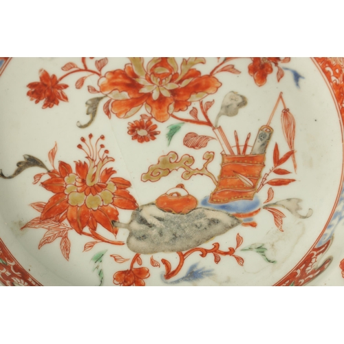 121 - TWO 18TH CENTURY CHINESE POLYCHROME DISHES with flower spray and gilt decoration. (22.5cm diameter )