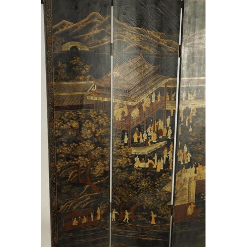 123 - A 19TH CENTURY CHINESE BLACK LACQUERWORK FOUR FOLD SCREEN with scrolled gilt and flower head border ... 