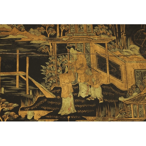 124 - A 19TH CENTURY CHINESE EXPORT BLACK LACQUER WORK SEWING TABLE with gilded chinoiserie decoration, th... 