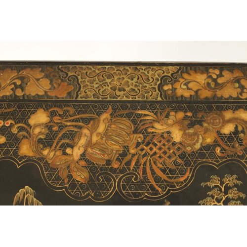 124 - A 19TH CENTURY CHINESE EXPORT BLACK LACQUER WORK SEWING TABLE with gilded chinoiserie decoration, th... 