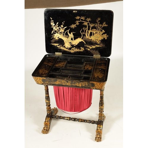 124 - A 19TH CENTURY CHINESE EXPORT BLACK LACQUER WORK SEWING TABLE with gilded chinoiserie decoration, th... 