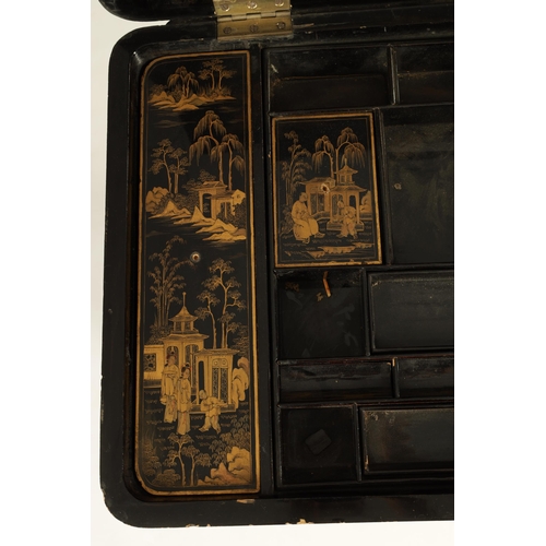 124 - A 19TH CENTURY CHINESE EXPORT BLACK LACQUER WORK SEWING TABLE with gilded chinoiserie decoration, th... 