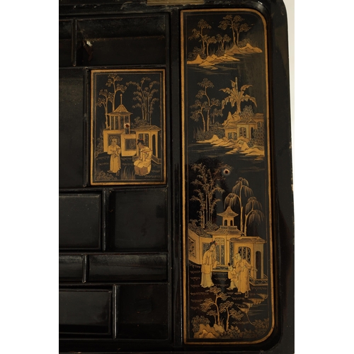 124 - A 19TH CENTURY CHINESE EXPORT BLACK LACQUER WORK SEWING TABLE with gilded chinoiserie decoration, th... 