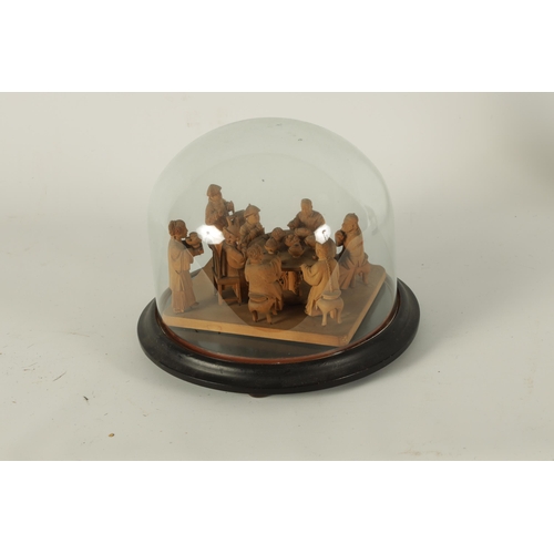 128 - A 19TH CENTURY CHINESE BOXWOOD CARVED FIGURE GROUP UNDER GLASS DOME depicting a family eating around... 