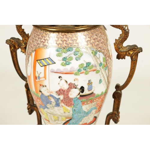 133 - A 19TH CENTURY CHINESE FAMILLE ROSE VASE LAMP with ormolu mounted oil lamp and figural scene to the ... 