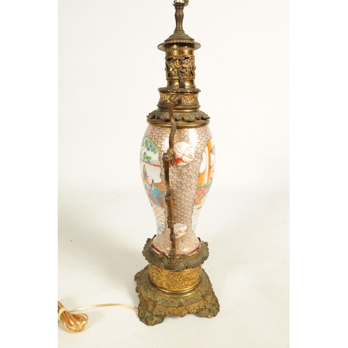 133 - A 19TH CENTURY CHINESE FAMILLE ROSE VASE LAMP with ormolu mounted oil lamp and figural scene to the ... 