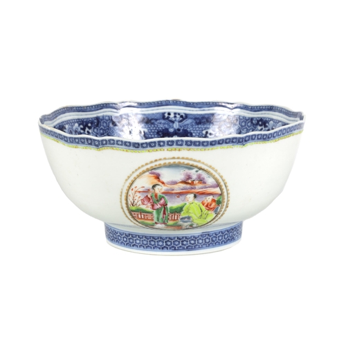 140 - A 19TH CENTURY CHINESE BLUE ANDS WHITER PORCELAIN BOWL with wavey edge floral pattern and coloured m... 