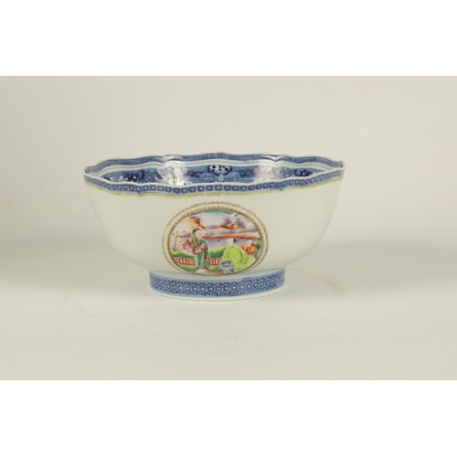 140 - A 19TH CENTURY CHINESE BLUE ANDS WHITER PORCELAIN BOWL with wavey edge floral pattern and coloured m... 