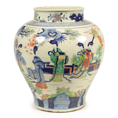 141 - A 19TH CENTURY CHINESE FAMILLE NOIRE WUCAI BULBOUS VASE decorated with female figures in a garden se... 