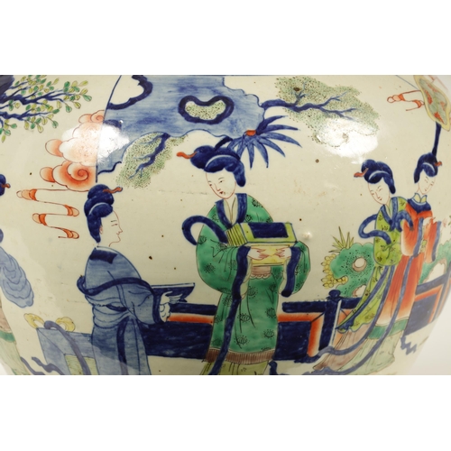 141 - A 19TH CENTURY CHINESE FAMILLE NOIRE WUCAI BULBOUS VASE decorated with female figures in a garden se... 