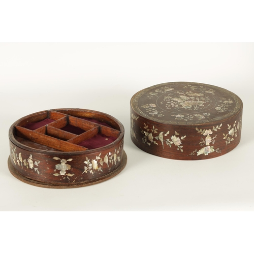 144 - A 19TH CENTURY CHINESE HARDWOOD AND MOTHER OF PEARL INLAID CIRCULAR BOX OF LARGE SIZE the lift-off t... 