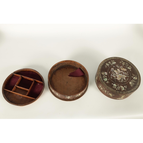 144 - A 19TH CENTURY CHINESE HARDWOOD AND MOTHER OF PEARL INLAID CIRCULAR BOX OF LARGE SIZE the lift-off t... 