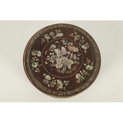 144 - A 19TH CENTURY CHINESE HARDWOOD AND MOTHER OF PEARL INLAID CIRCULAR BOX OF LARGE SIZE the lift-off t... 