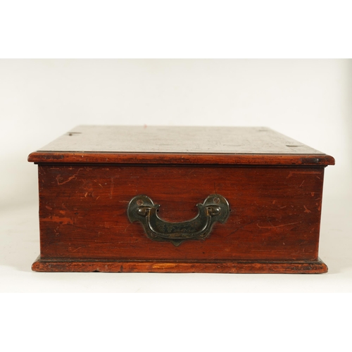 145 - A 17TH/18TH CENTURY CHINESE HARDWOOD LIDDED BOX with brass fittings and side handles; the fitted int... 