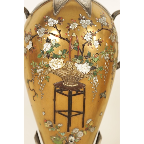 148 - A GOOD PAIR OF LATE 19TH CENTURY JAPANESE MEIJI GILT LACQUER AND SILVER MOUNTED CABINET VASES with e... 