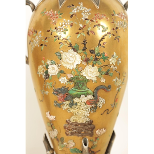 148 - A GOOD PAIR OF LATE 19TH CENTURY JAPANESE MEIJI GILT LACQUER AND SILVER MOUNTED CABINET VASES with e... 