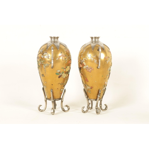 148 - A GOOD PAIR OF LATE 19TH CENTURY JAPANESE MEIJI GILT LACQUER AND SILVER MOUNTED CABINET VASES with e... 