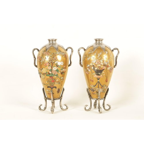 148 - A GOOD PAIR OF LATE 19TH CENTURY JAPANESE MEIJI GILT LACQUER AND SILVER MOUNTED CABINET VASES with e... 