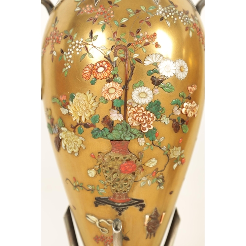 148 - A GOOD PAIR OF LATE 19TH CENTURY JAPANESE MEIJI GILT LACQUER AND SILVER MOUNTED CABINET VASES with e... 