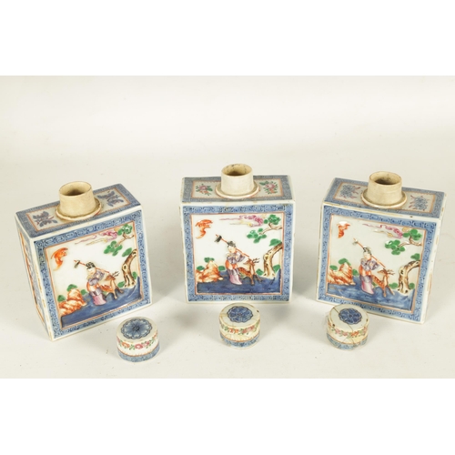 152 - A SET OF THREE 19TH CENTURY CHINESE FAMILLE ROSE PORCELAIN TEA CADDIES of rectangular form with cyli... 