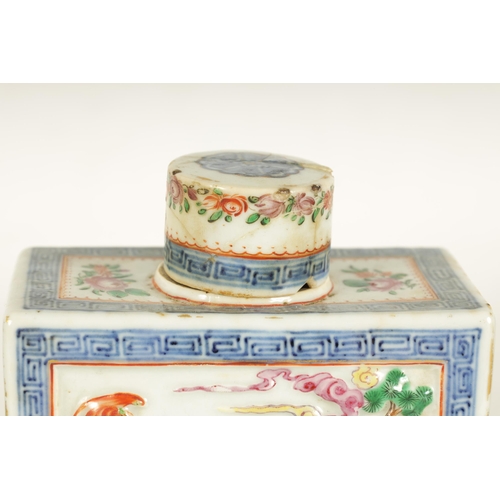 152 - A SET OF THREE 19TH CENTURY CHINESE FAMILLE ROSE PORCELAIN TEA CADDIES of rectangular form with cyli... 