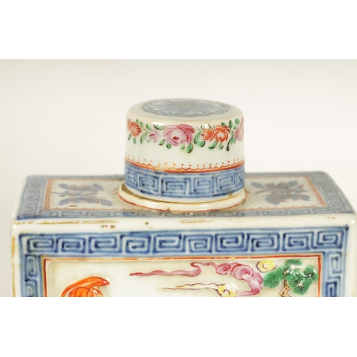 152 - A SET OF THREE 19TH CENTURY CHINESE FAMILLE ROSE PORCELAIN TEA CADDIES of rectangular form with cyli... 