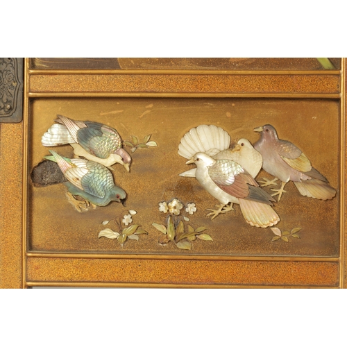 158 - A FINE JAPANESE MEIJI PERIOD SHIBAYAMA LAQUER WORK SCREEN finely decorated with mother of pearl, cor... 