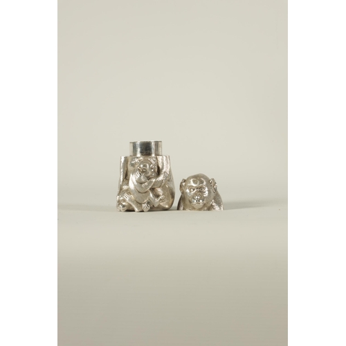 159 - A FINE JAPANESE MEIJI PERIOD SILVER TEA CADDY DEPICTING A SEATED MONKEY WITH INFANTS realistically m... 