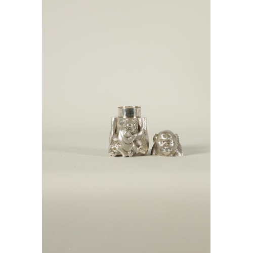 159 - A FINE JAPANESE MEIJI PERIOD SILVER TEA CADDY DEPICTING A SEATED MONKEY WITH INFANTS realistically m... 